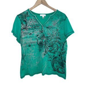 Y2k 2X Green Graphic Print Short Sleeve Cotton Top Newspaper Motif